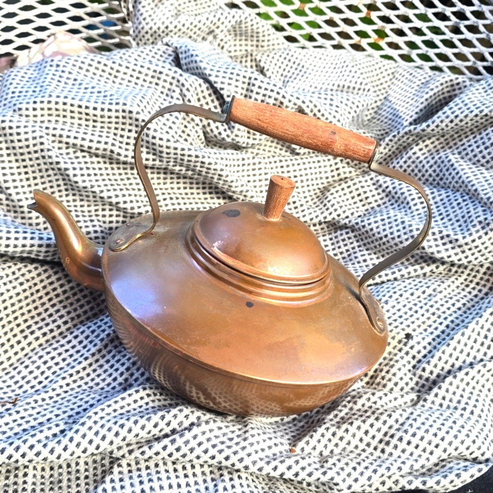 Vintage MCM Copper Tea Kettle Wood Handle Portugal B & M